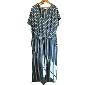 Women's Sonoma Sea Foam Blue Green Stripe Wide Leg Crop Jumpsuit Boho 2XL Vneck